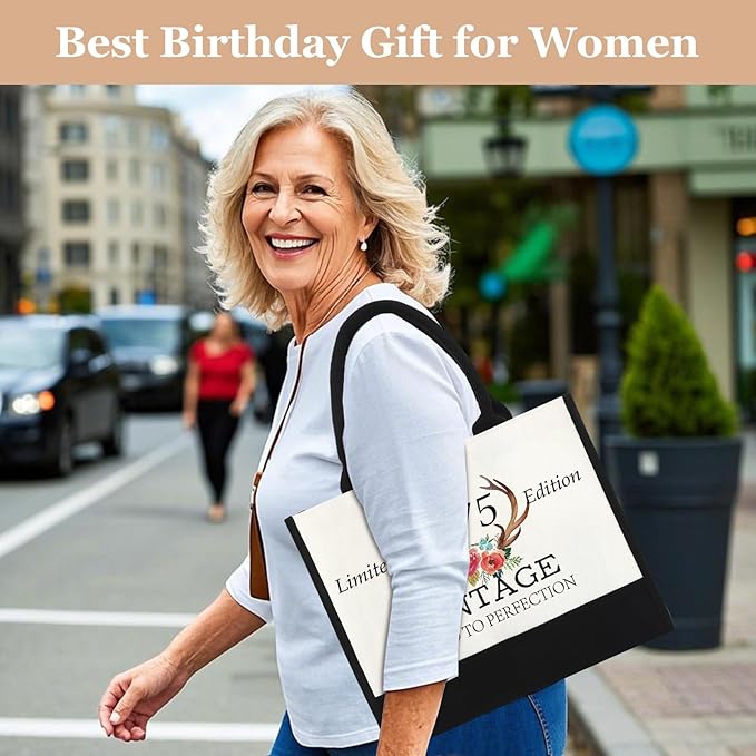 GevGuxLuo 50th Birthday Gifts for Women Canvas Tote Bag, 50 Years Old Birthday Gifts for Mom Wife Aunt Friends Her,Turning 50 Beach Bag Reusable Grocery Bag 1975 Women Tote Bag