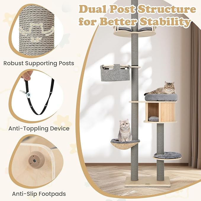 Tangkula Floor to Ceiling Cat Tree, 5 Tier Tall Cat Tower with Adjustable Height (100-110 Inch) for Large Cats, Wood Cat Climbing Pole with Cat Condo, Scratching Post, Cattail Basket Bed, Hammock