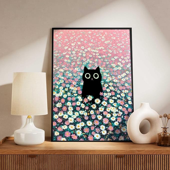 Black Cat Canvas Wall Art, Cute Cat In Daisies Meadow Aesthetic Poster, Adorable Animal Picture, Pink White Flowers Print Painting for Bedroom, Nursery Wall Decor Pet Lover Gift 24x36in Framed