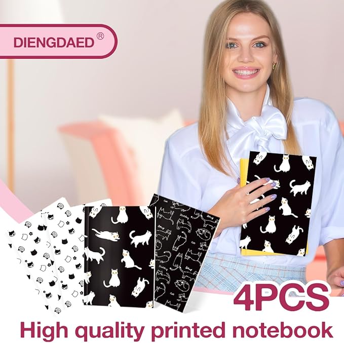 Cat Notebooks for Work, 4 Pcs A5(8.26x5.7inch) College Ruled Notebook Journal for Women, Cute Notepads Lined Journals for Writing, Cute Diary Stationary Cat Lover Gifts 3