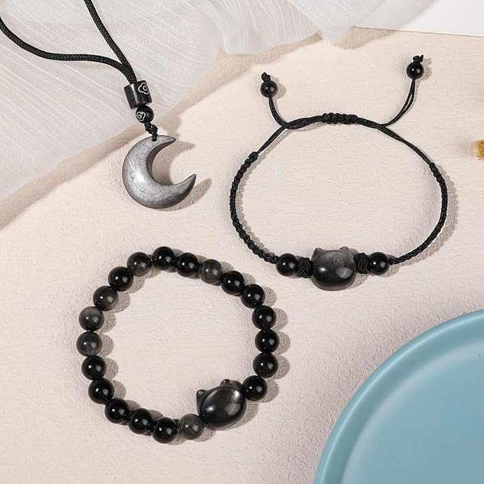 Black Obsidian Cat Bracelet and Moon Pendant Necklace Jewelry Set-Cat Lover Gifts,Wealth Attraction,Good Luck,Bead Bracelet,Mindfulness,Beaded Bracelets, Obsidian Pendant Necklace-Cute Gifts for Women