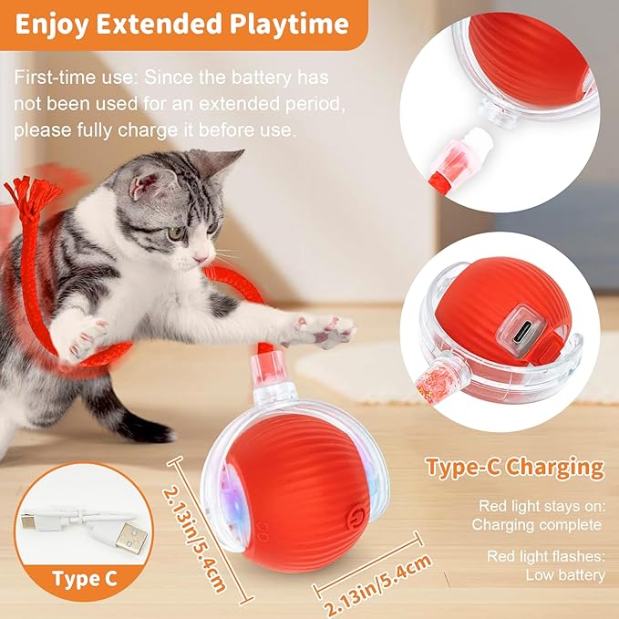 Interactive Cat Toys for Indoor Cats Smart Automatic Ball Rolling for Bored Kitten Pet Upgraded Speedy Moving Chase Dogs Toy Easter Gifts Red