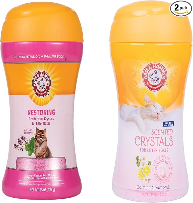 Arm & Hammer Restoring & Calming Cat Litter Deodorizing Crystals Bundle – Clary Sage & Mint + Chamomile Scents, Odor Eliminator with Baking Soda for Cat Litter Boxes, 15 oz Each