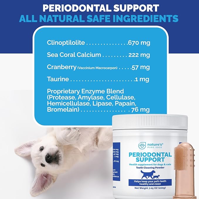 Periodontal Support Dental Powder for Dogs & Cats – Teeth Cleaning Supplement with Free Finger Toothbrush – Helps Reduce Bad Breath, Plaque & Tartar – Supports Healthy Teeth & Gums – 200g
