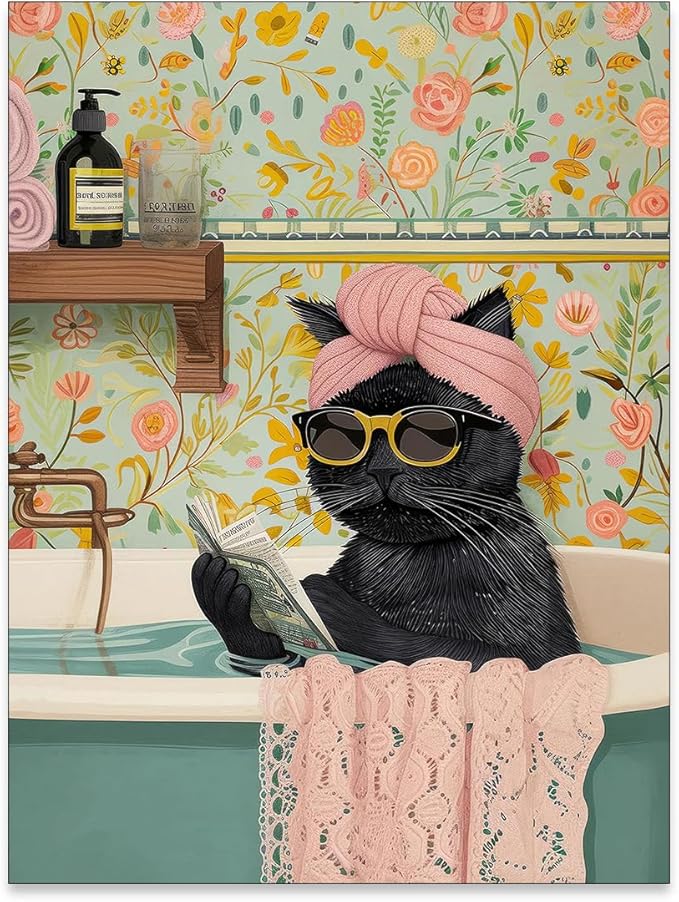 OMANI Funny Black Cat Bathroom Wall Art Cute Animal Reading Poster Trendy Preppy Aesthetic Canvas Prints for Living Room Bedroom Toilet Kids Room Wall Decor 12x16 inch Unframed
