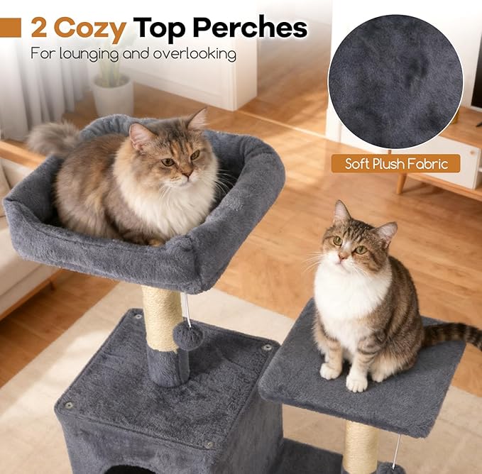 DORTALA 75" Tall Modern Cat Tree, Multi-Level Cat Tower with Large Condos, Sisal Scratching Posts, Top Perch, Hammock, Dangling Balls, Kitten Beds & Climbing Furniture for Indoor Cats (Grey)