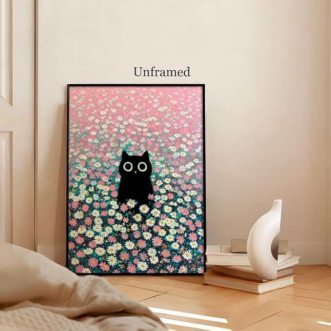 Black Cat Canvas Wall Art, Cute Cat In Daisies Meadow Aesthetic Poster, Adorable Animal Picture, Pink White Flowers Print Painting for Bedroom, Nursery Wall Decor Pet Lover Gift 8x10in Unframed