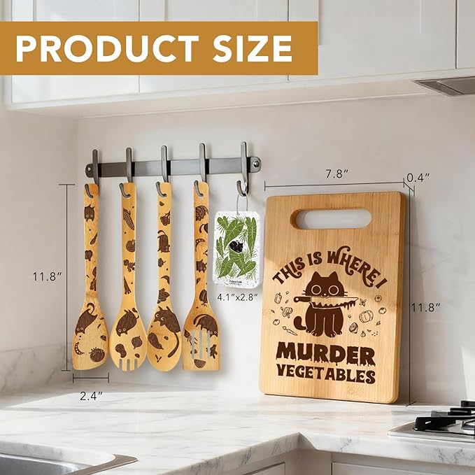 6 Pcs Funny Cute Cat Murder Vegetable Cutting Board with Spoons & Cleaning Sponge, Unique Cat Gifts for Cat Lover Women, Gifts for Christmas Birthday Housewarming, Black Cat Decor for Kitchen