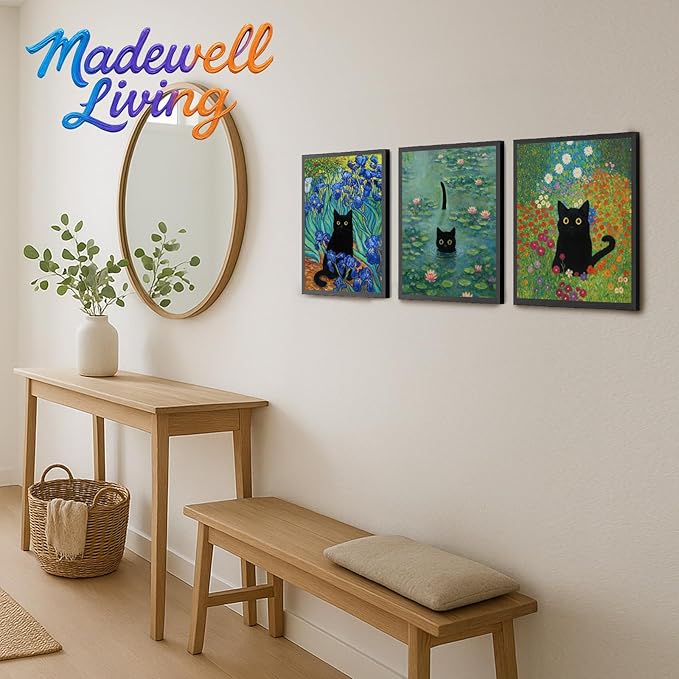 Monet Wall Art, Funny Cat in Water Lilies Canvas Prints, Black Cat Aesthetic Pictures for Living Room, Bedroom, Bathroom, Kitchen, Home Decor, Modern Cat Lover Gift Idea, Black Frame 11’’x14’’x3 pcs