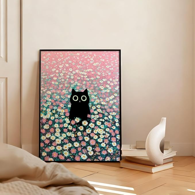 Black Cat Canvas Wall Art, Cute Cat In Daisies Meadow Aesthetic Poster, Adorable Animal Picture, Pink White Flowers Print Painting for Bedroom, Nursery Wall Decor Pet Lover Gift 8x10in Framed