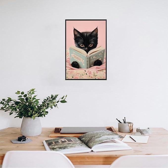 Vintage Cat Canvas Wall Art Funny Cute Cats Reading Books Poster Retro Pink Flower Abstract Animal Aesthetic Prints Painting For Girls Room Bedroom Kids Room Dorm Wall Decor 8x12in Framed