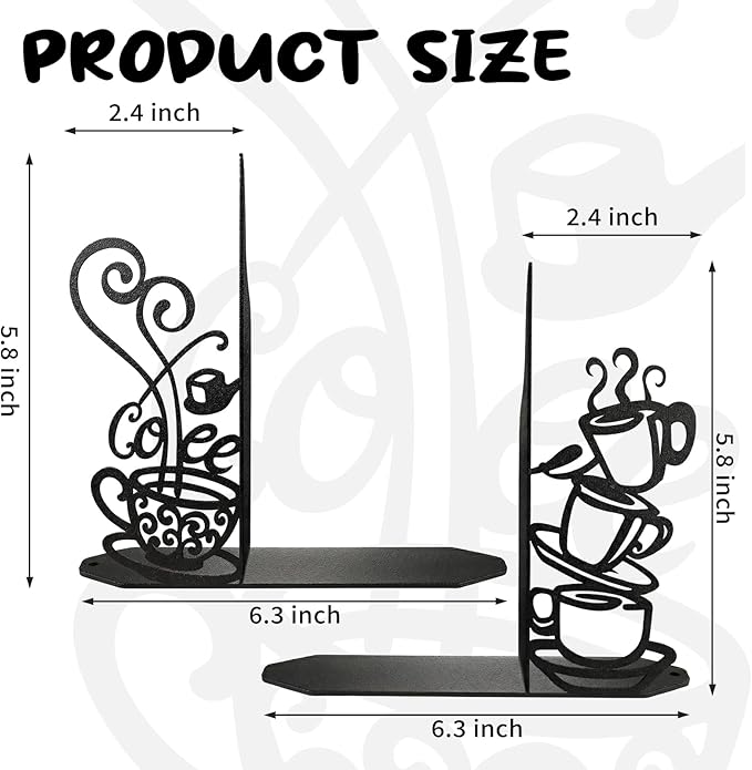 Creative Coffee Cup Decorative Bookend for Shelves, Metal Bookends for Heavy Books, Unique Cute Cookbook Organizer Book Holder for Kitchen Housewarming Cooking Book Lover Gifts
