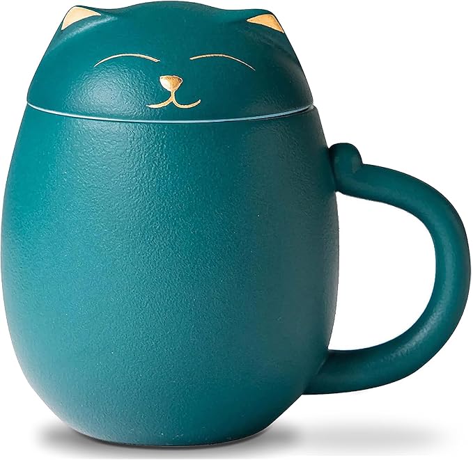 Liywall - Ceramic Tea Mug with Infuser and Lid, Cat Design Handmade Porcelain Tea Cup Strainer With Portable Shockproof Storage Case for Travel Office Home,Wife Girlfriend Gift - Green