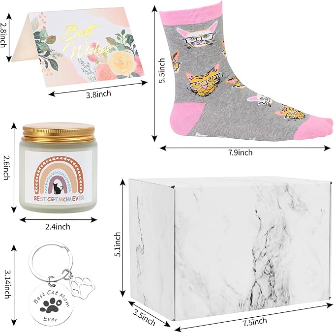 Kolewo4ever 7 Pieces Gifts for Cat Lovers,Cat Lover Gifts for Women,Christmas Gift for Women,Cats Gift for Lovers with Makeup Bag,Socks,Greeting Cards,Candle,Tumbler,Keychain