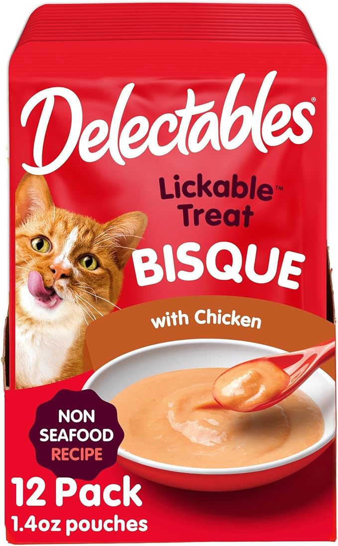 Delectables Lickable Treat Bisque Non-Seafood Wet Cat Treat with Real Chicken, Food Topper, Hydrating, Grain-Free, No Fillers, By-Products, Added Preservatives, 1.4oz Pouch, 12ct