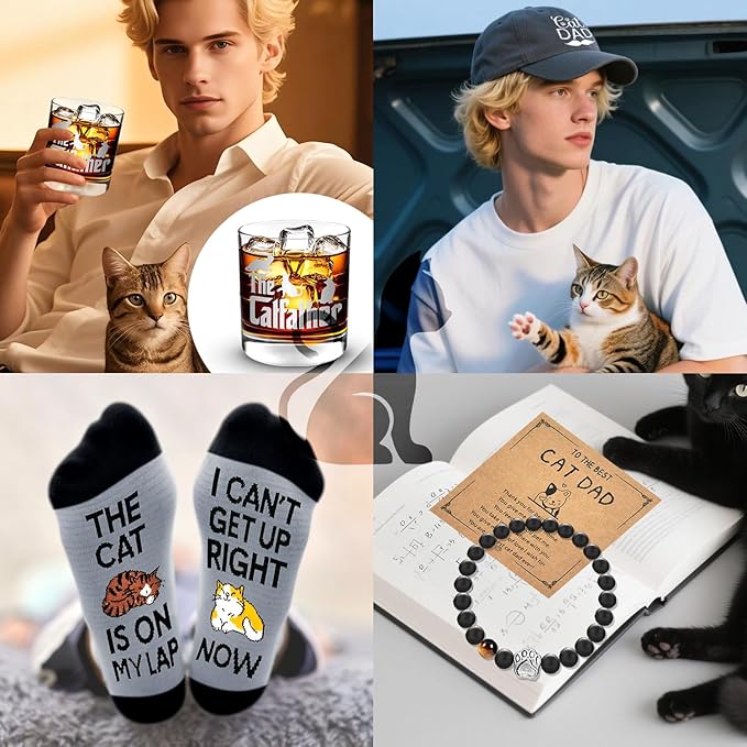 JTAMOHI 15 Pieces Cat Dad Gifts for Men, Cat Lover Gifts for Men with 11 Oz Whiskey Glass Cup 4 Whisky Ice Cubes Coaster Hat Socks Bracelet Keychain Bookmark, Father’s Day, Birthday, Christmas Gift