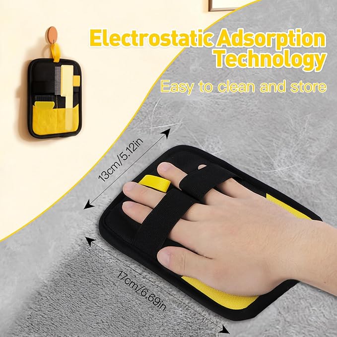 Electrostatic Pet Hair Removal Glove - Reusable Pet Hair Removal Glove with Cleaning Brush & Flea Comb for Cats & Dogs, Washable for Clothing, Couch, Carpet, Car Seat (Black/Yellow)