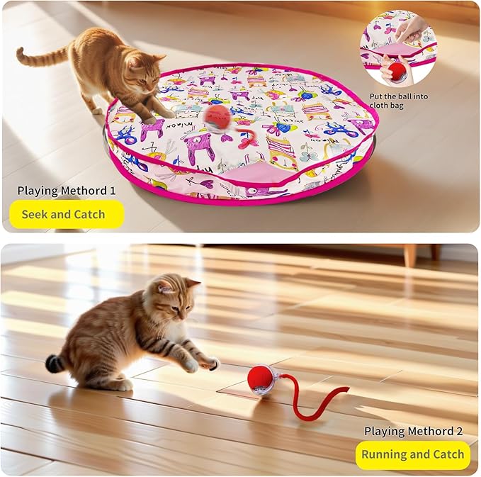 Interactive Cat Toy for Indoor Cat, Hide and Seek Cat Toy, Play Mat Toys with Self Rolling Ball in Pouch, Motion Activate&Buzzing, Rechargeable Pet Teaser Toy (Red)