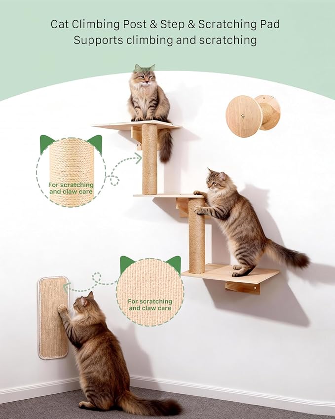 6 in 1 Cat Wall Shelves, Cat Wall Furniture with Cat Bridge, Wall Condo, Hammock, Steps, Climbing Post & Scratching Pad Space-Saving Indoor Cat Shelves for Play & Rest, up to 33 lbs
