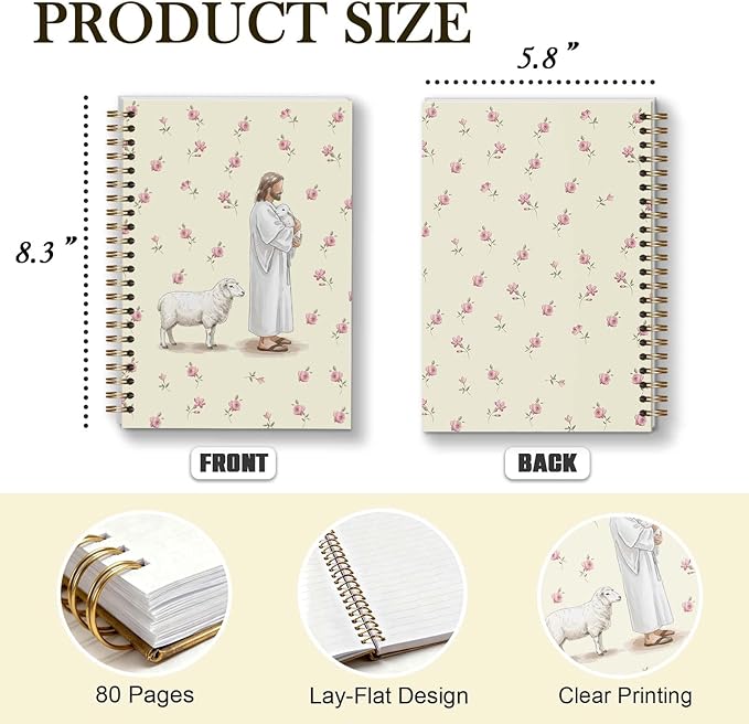 Bible Journal Spiral Notebook, Jesus and Lamb Bible Study Supplies, Christian Gifts for Women Girls, 5.5x8.3 Inch - A18
