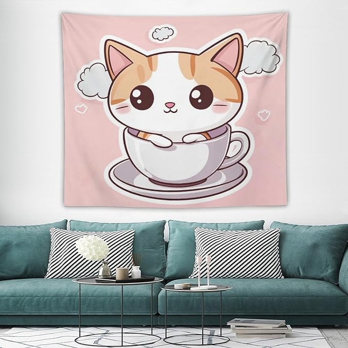 MaSiledy Tapestry Kawaii Cat Tapestry for Bedroom Aesthetic Cute Kitten Cat Meow Tapestry Wall Hanging Wall Hanging for Living Room Dorm Landscape 50"x60" Tapestries for Bedroom Living Room Dorm
