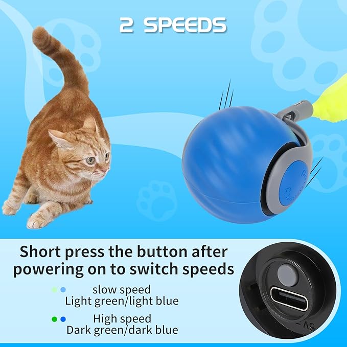 Speedy Tail Automatic Cat Ball Toy Self Rolling Moving Self-Rotating Cat Exercise Ball USB Rechargeable Interactive Hunting Cat Toy (Upgrade Blue)