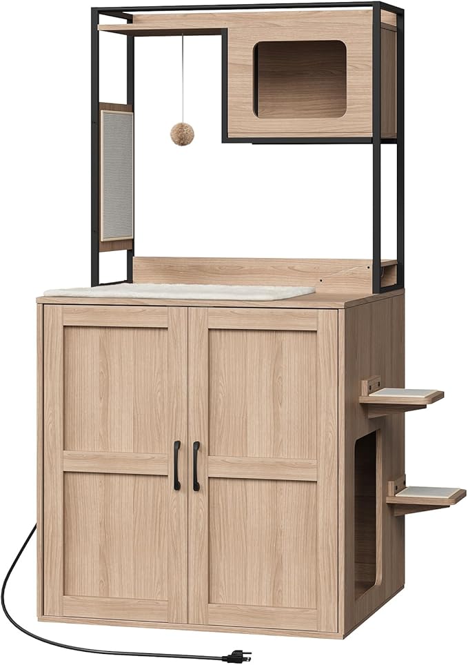 HOOBRO Cat Automatic Litter Box Enclosure Furniture, 30.5" L x 26.8" W x 61" H, Hidden Robotic Litter Box Cabinet, Dog-Proof Shelf with Charging Station, Scratching Mat, Bowls, Natural NL68UMZ03