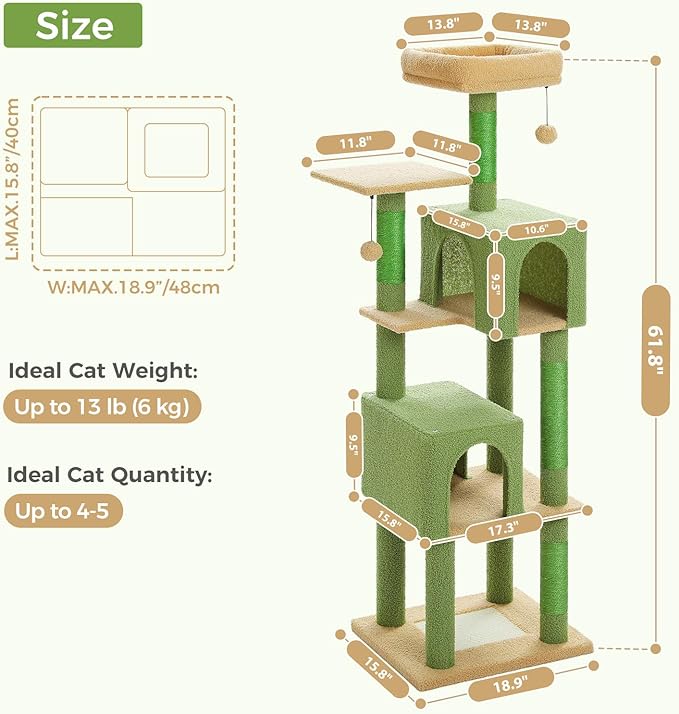 MUTTROS Cactus Cat Tree, 62-Inch Large Cat Tower for Multi-Cat Households w/Scratching Posts, Multi-Level Condo w/Cozy Top Perch & Scratching Pad, Padded Platform, 2 Pompoms, Green