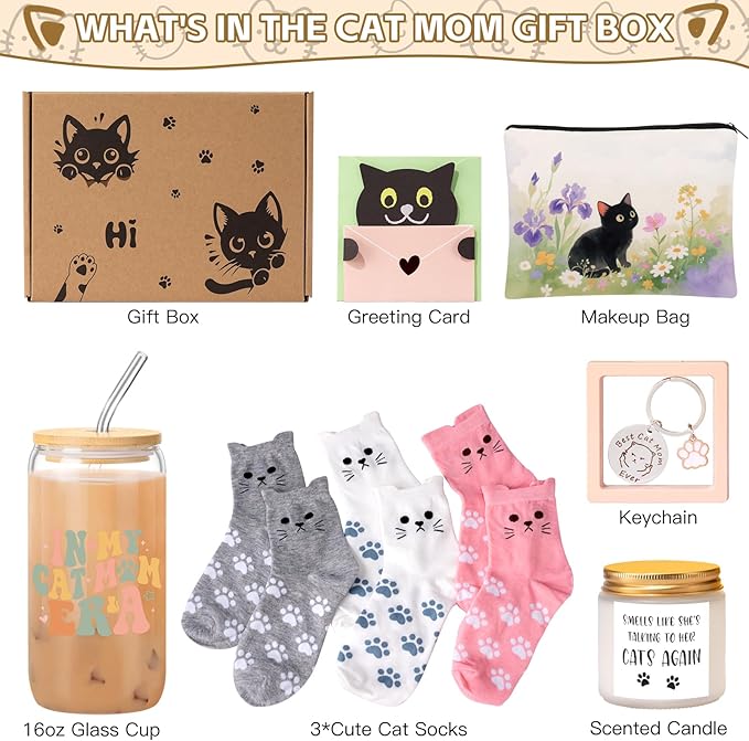 Cat Lover Gifts for Women, Cat Gifts for Women, Cat‘s Themed Gift for Christmas Mother's Day Birthdays, Funny Gift for Cats Lovers for Crazy Cats Lady Mom Daughters with Glass Cup Scented Candle Socks