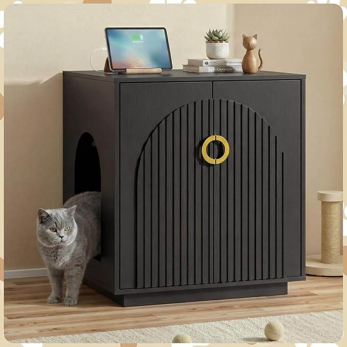 Large Cat Litter Box Enclosure for Self Cleaning Litter Box, 34.84" Tall Litter Boxes Furniture w/Outlets, Modern Cat House, Hidden Cat Litter Furniture for Living Room Black