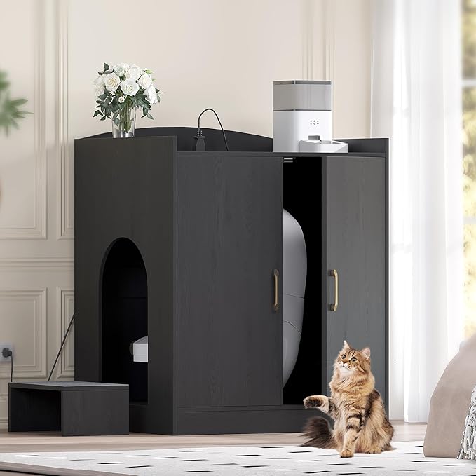 Heybly Litter box Enclosure,large Cabinet with Charging Station,Wooden Cat Litter Box Enclosure Furniture for Self-Cleaning Robot 3 & 4,Hidden for Smart Litter Box Size for senior cats,Black HCLB005BK
