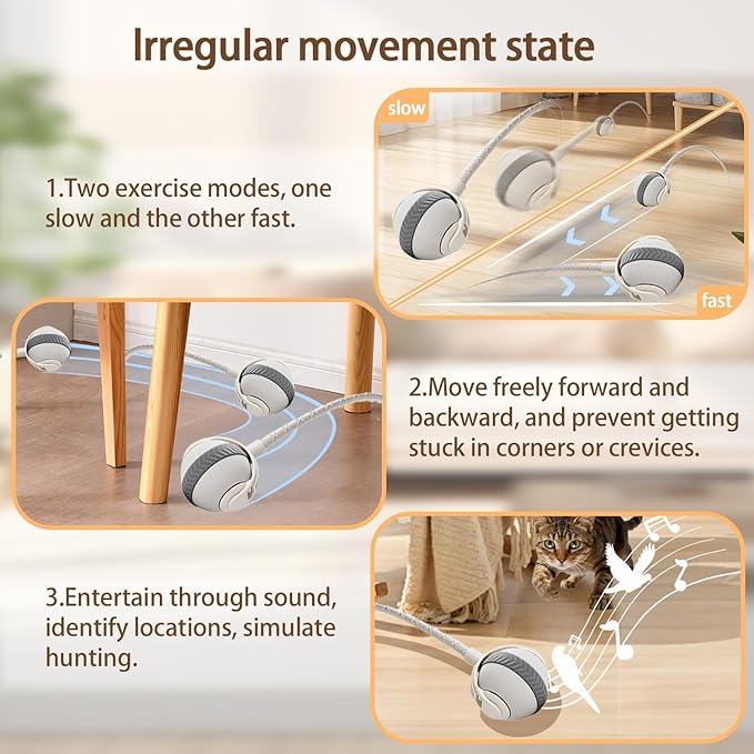 Interactive Cat Toy Ball, Automatic Moving Cat Toy with 2 Speed Modes Bite-Resistant Mouse Tail Bird Chirping Sounds Indoor Play Ball for Cats (White)