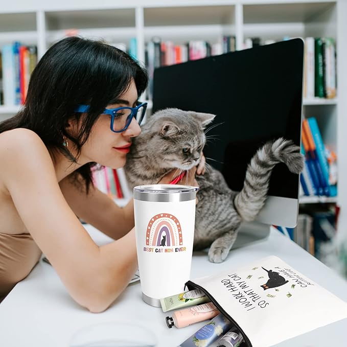 UAREHIBY Cat Mom Gifts for Women,20 OZ Wine Tumbler Gift for Cats Lovers,Crazy Cat Lady Gift with Cosmetic Bag,Funny Cats Themed Things Stuff with Socks Birthday Gifts for Women,Friend