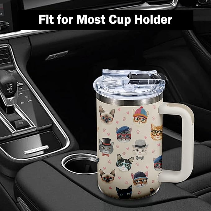 Cat Face Tumbler 40oz with Handle - Funny Cat Lover Gifts for Women, Insulated Travel Coffee Mug, Cute Cats Cup for Cats Owners, Christmas Birthday Present