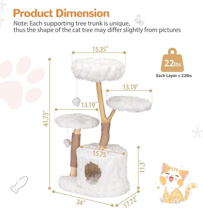 COZIWOW Modern Cat Tree Tower, Cloud Cat Tree with Solid Natural Wood Scratching Post, Luxury Condo & Perches, Aesthetic White Cat Furniture for Indoor Large Cats, 34" L X 17.7" W X 41.7" H