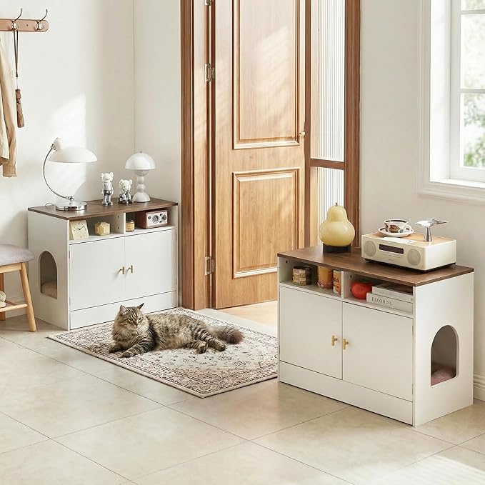 Double Cat Litter Box Enclosure for 2 Cats, 63" Wooden Hidden Cat Litter Box Furniture with Power Outlet, Sliding Bottom Easy Clean, Cat House TV Stand, Walnut