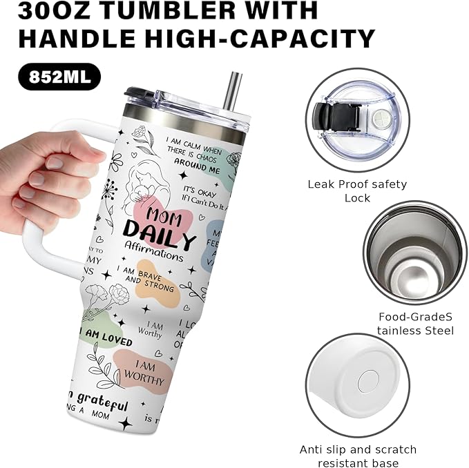 Gifts for New Mom After Birth, Mama Birthday Gifts - 30oz Mom Daily Affirmations Cups Tumbler with Handle, Christmas Mama Affirmations Gifts, Mommy to Be Gift, Postpartum Gift for New Mama Cups
