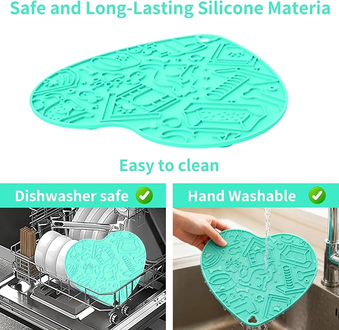 Silicone Slow Feeder Dog & Cat Bowl with Suction Cups – Non-Slip Fun Pattern for Dogs and Cats, Interactive Pet Enrichment Bowl, Treat Eating Feeder, Heart-Shaped Mat Compatible (Mint)