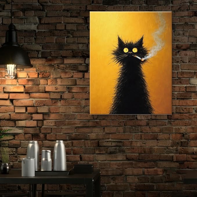 Whimsical Vintage Cat Wall Art Decor Retro Quirky Cat Print Picture Funny Animal Wall Decor for Home Living Room Man Cave 8x10 Inch Canvas Framed