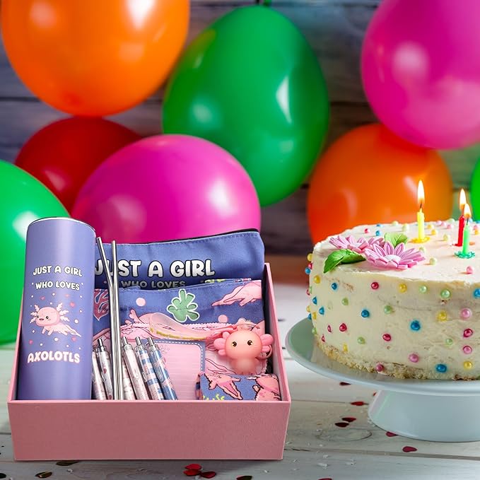 Wonderjune 14 Set Axolotl Lover Gift Set, Axolotl Gifts for Girls Cute Birthday Graduation Gifts for Her, Gift Baskets for Axolotls Lover Friends, Girls, Daughters, Sister