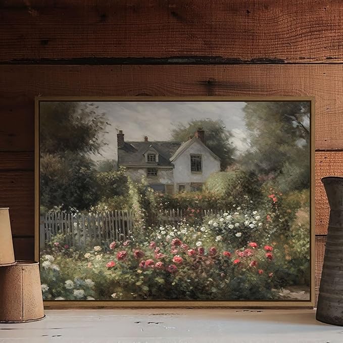 Vintage Rose Garden Wall Art Antique Cottage Canvas Oil Painting Nature Flowers Landscape Picture Rustic Farmhouse Wall Decor for Bedroom Bathroom Home Office Kitchen Decoration - 12x16 Inch Framed