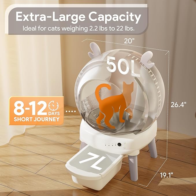 Self Cleaning Litter Box, Automatic Litter Box with Odor Control for Multiple Cats, Cute Ear Shaped Design, Large Capacity with Smart Real-Time App Monitor and Safety Sensors