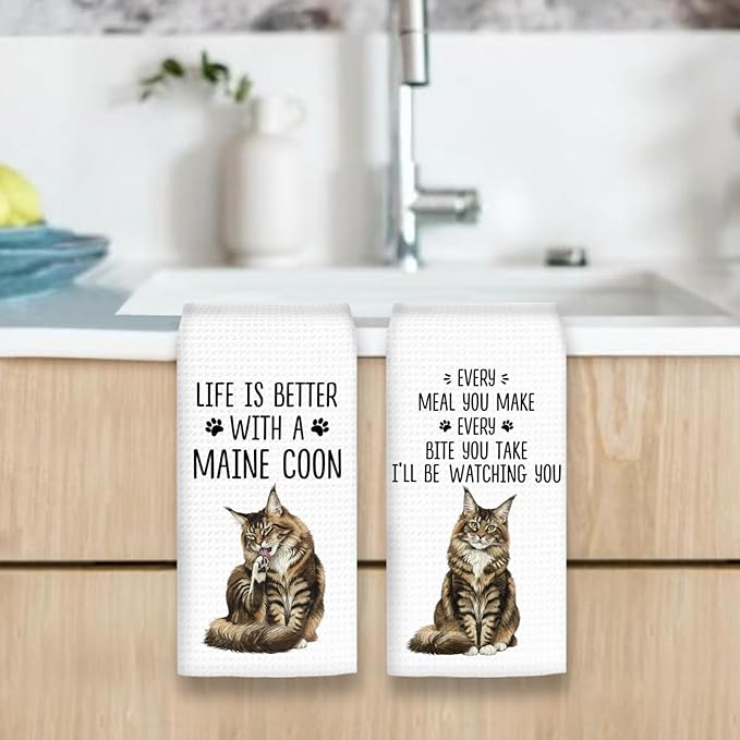 Maine Coon Gifts Cat Kitchen Towels Set of 2, Gifts for MaineCoon Lovers Hand Towels, Life is Better with a Maine Coon Dish Towel Tea Towel for Kitchen, Cat Kitty Owners Kitchen Decor, 16x24In