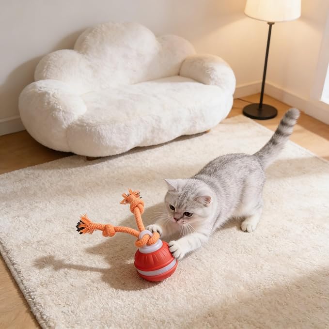 Interactive Smart Rolling Cat Toy Ball, Electric Automatic Moving Rolling Dog Toy with Rope and Sound, Motion Activated Dogs Ball, Self Moving Cats Toy for Boredom & Training (1, Orange)