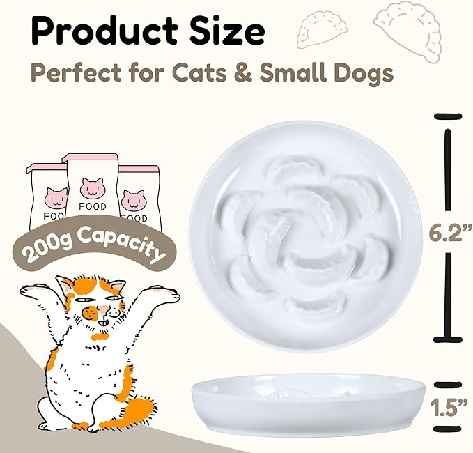 Melamine Cat Slow Feeder Bowl for Dry & Wet Food - Unbreakable Cat Food Plates for Slow Eating - Cute Puzzle Feeder - Whisker Friendly & Dishwasher Safe & Non SlipDesign - （White, 6.3" W*1.7H）