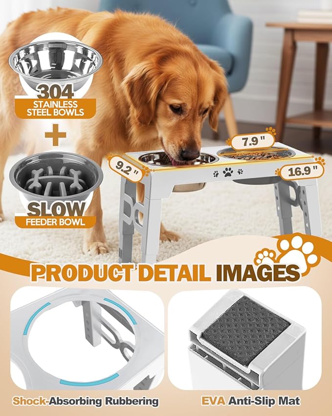 Elevated Dog Bowls for Medium Size Dogs, Non-Slip Dog Feeder with 1*Stainless Steel Dishes & 1*Slow Feeder Bowl, 5 Heights Adjustable Raised Bowls to 3.15″-8.66″-9.84″-11.02″-12.2″