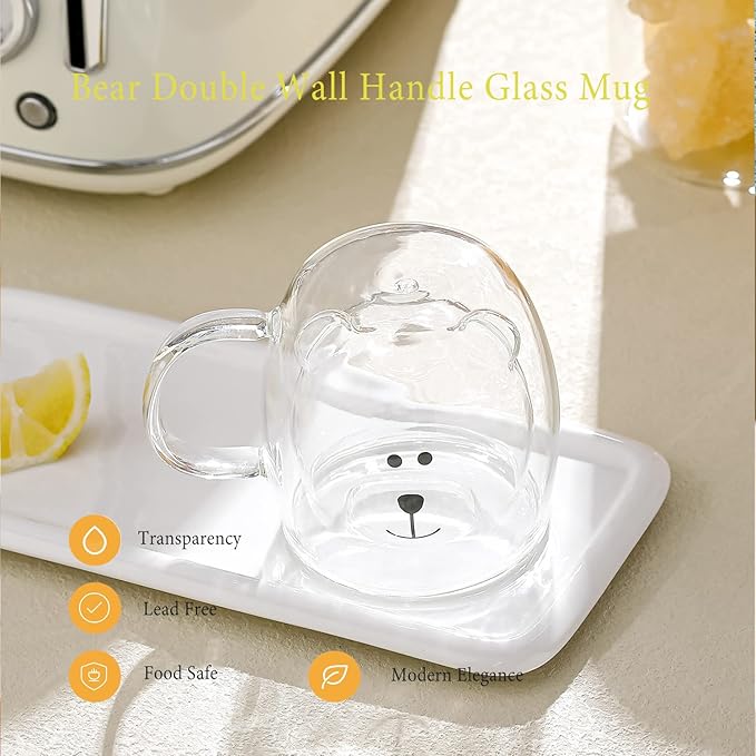 Binoster Bear Cute Mugs Kawaii Double Wall Glass Coffee Tea Mill Yogurt Cup Funny Novelty Gift for Women Her Friends Office Birthday Christmas (Bear with handle)