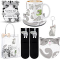 Potchen 6 Pcs Mother's Day Cat Lover Gifts for Women Funny Cat Mom Gifts Set with Gift Bag, Cats Coffee Mug, Cats Sock with Ball, Ceramic Coaster, Crochet Doll, Kitten Keychain for Lady Women Birthday
