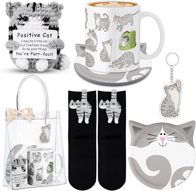 Potchen 6 Pcs Mother's Day Cat Lover Gifts for Women Funny Cat Mom Gifts Set with Gift Bag, Cats Coffee Mug, Cats Sock with Ball, Ceramic Coaster, Crochet Doll, Kitten Keychain for Lady Women Birthday