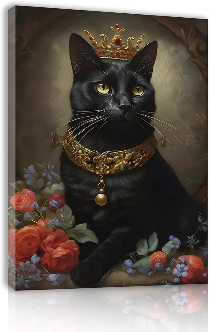 Jatinoo Gothic Halloween Decor - Black Cat Framed Canvas Art Print, Witchy Moody Wall Decor for Living Room, Goth Home Accessories, 11.5x15 Inch Vintage Style